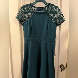 Minuet Petite Teal Midi Dress with Lace Sleeves